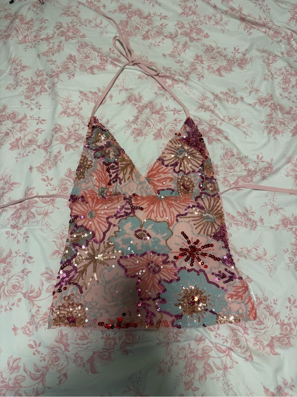 Sequin Floral Halter Crop Top - Pink & Multicolor